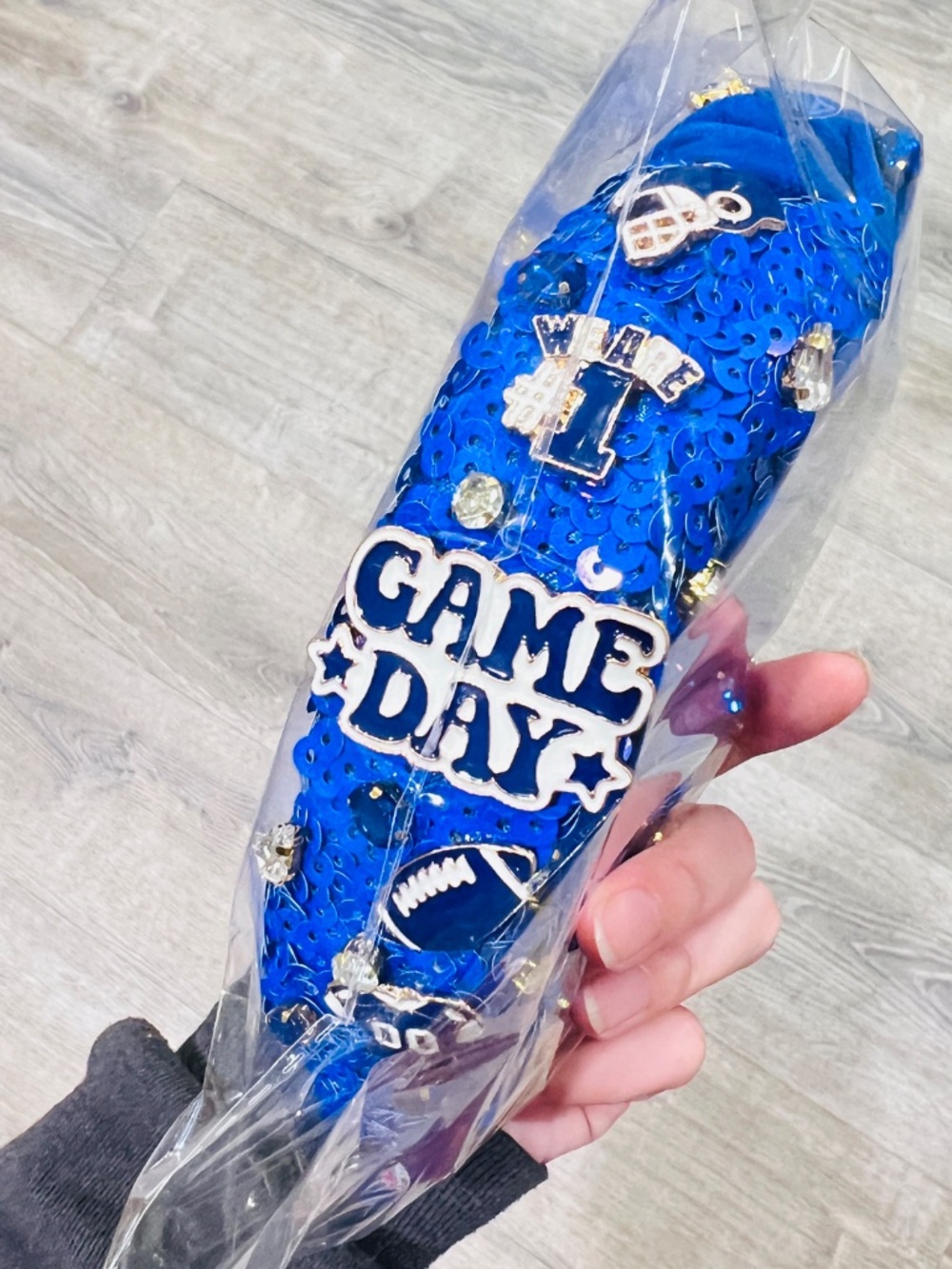 Game Day Knotted sequins Headband charms Rhinestone Jewel football mom fans blue